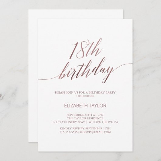 Elegante Rose Goldkalligraphie 18. Geburtstag Einladung (Vorne/Hinten)