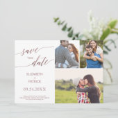 Elegante Rose Goldkalligraphie 3 FotoCollage Save The Date (Stehend Vorderseite)