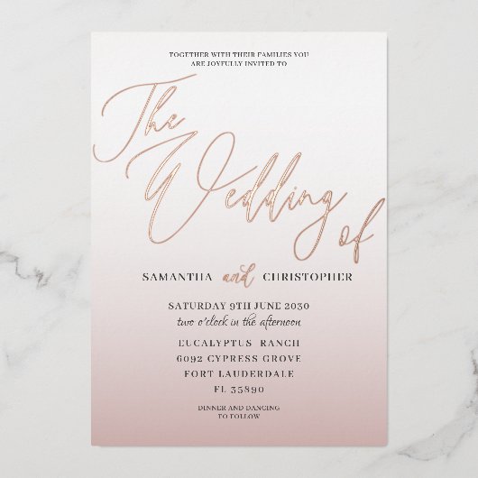 Elegante Rose Goldkalligraphie Folieneinladung (Vorderseite)