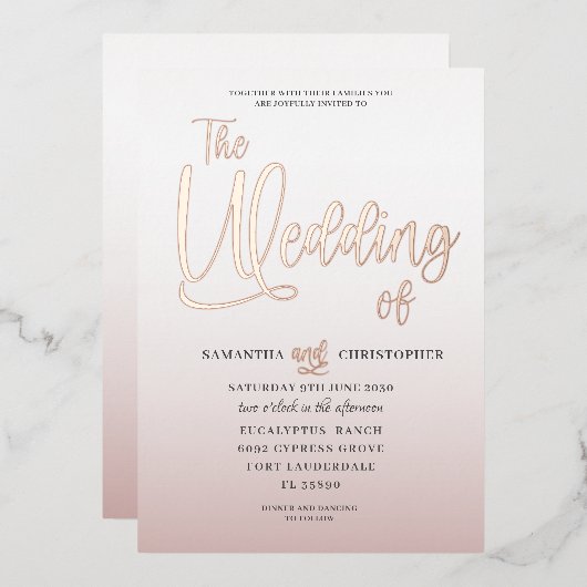 Elegante Rose Goldkalligraphie Folieneinladung (Vorderseite/Rückseite)