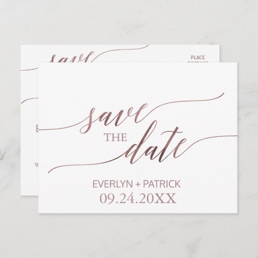 Elegante Rose Goldkalligraphie Save the Date Ankündigungspostkarte (Vorne/Hinten)