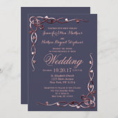 Elegante Rose Goldleafy Vines auf dem Navy Blue Einladung (Vorne/Hinten)