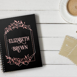 Elegante Rose Goldrahmen Blätter schwarz Notizblock