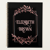 Elegante Rose Goldrahmen Blätter schwarz Planer (Vorderseite)