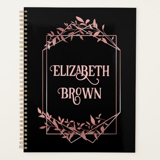 Elegante Rose Goldrahmen Blätter schwarz Planer (Vorderseite)