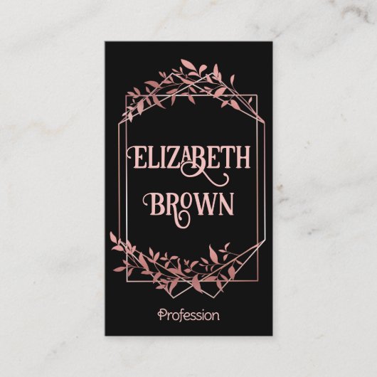Elegante Rose Goldrahmen Blätter schwarz Visitenkarte (Vorderseite)