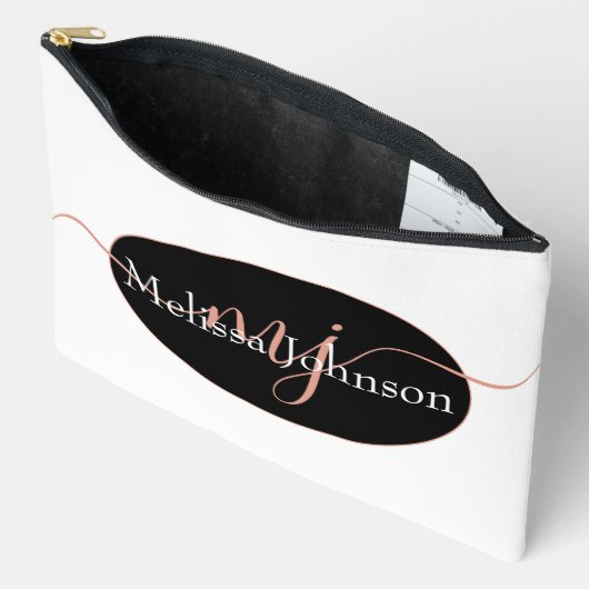 Elegante Rose Goldschrift auf Schwarz Zubehörtasche (Offen)