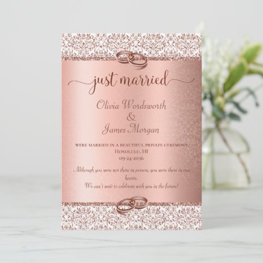 Elegante Rose Goldtypografie Hochzeitsfeier Ankündigung (Stehend Vorderseite)