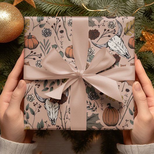 Elegante Rose Gothic Fall Harvest und Kuh Skulls Geschenkpapier