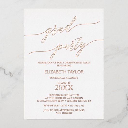 Elegante Rose Graduiertenparty Folieneinladung (Vorderseite)