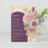 Elegante Rose Hochzeit in Pflaumen und Dusty Einladung (Stehend Vorderseite)