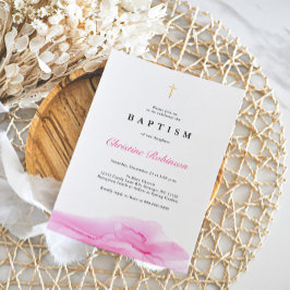 Elegante Rose Ink Gold Cross Taufen & Christening Einladung