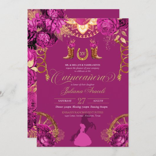 Elegante Rose Magenta Pink Charro Quinceanera Einladung (Vorne/Hinten)