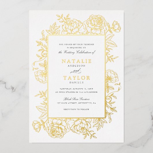 Elegante Rose mit Blumen Folieneinladung (Vorderseite)