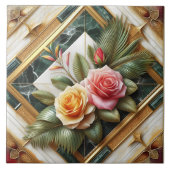 Elegante Rose mit dekorativen Blätter aus Marmor Fliese (Vorderseite)