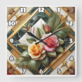 Elegante Rose mit dekorativen Blätter aus Marmor Quadratische Wanduhr (Vorderseite)