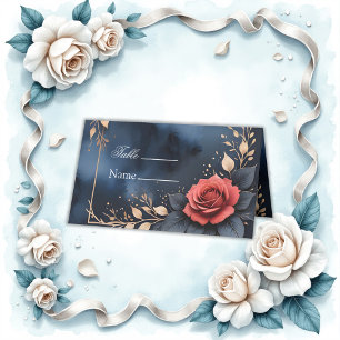 Elegante Rose mit goldenem Blattwerk Platzkarte