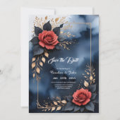Elegante Rose mit goldenem Blattwerk Save The Date (Vorderseite)