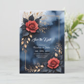 Elegante Rose mit goldenem Blattwerk Save The Date (Stehend Vorderseite)