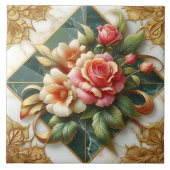 Elegante Rose mit grünem Hintergrund und Goldschmi Fliese (Vorderseite)