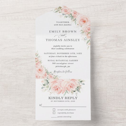 Elegante Rose mit sanften Blüten All In One Einladung (Innen Boden)