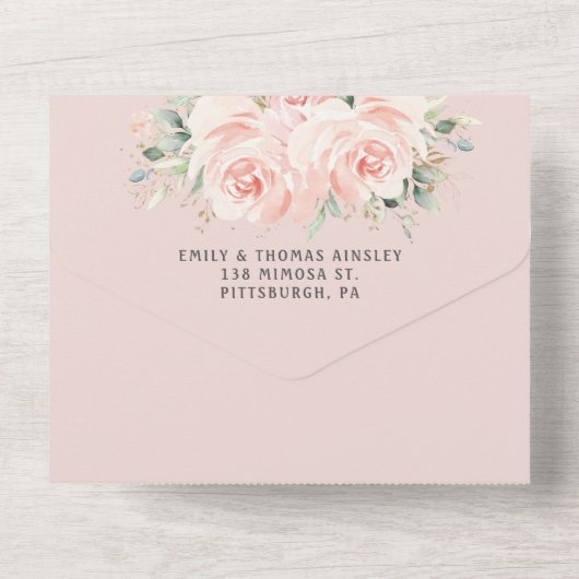 Elegante Rose mit sanften Blüten All In One Einladung (Rückseite)