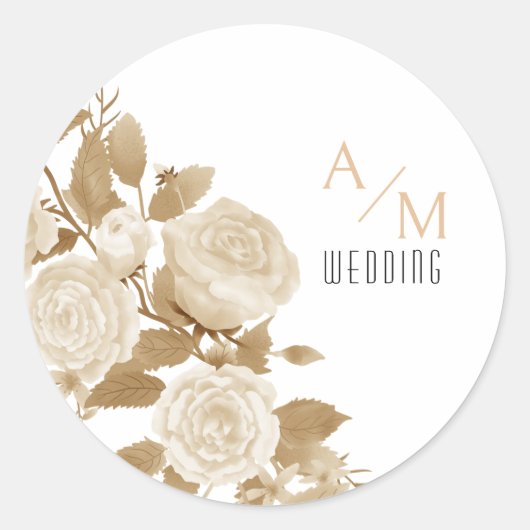 Elegante Rose Monogram White Runder Aufkleber (Vorderseite)