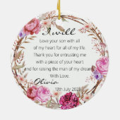 Elegante Rose Mutter der Groombride Hochzeit Keramik Ornament (Hinten)