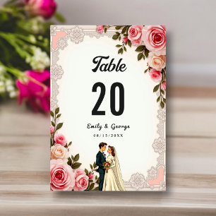Elegante Rosé Paar Sommer Blumen Hochzeit Tischnummer