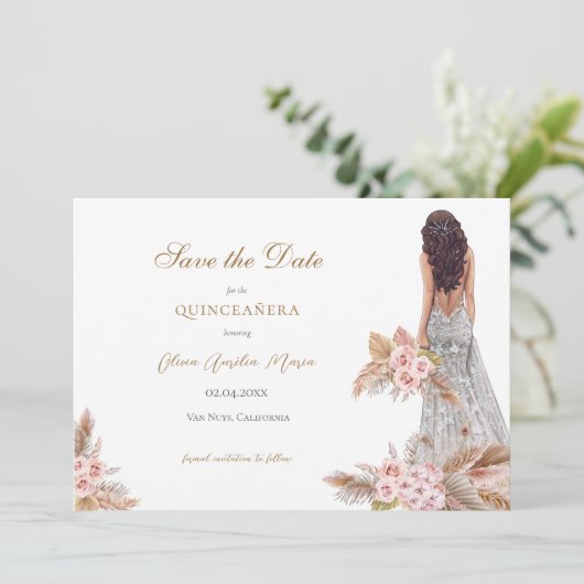 Elegante Rose Pampas Grass Quinceañera Save The Date (Stehend Vorderseite)