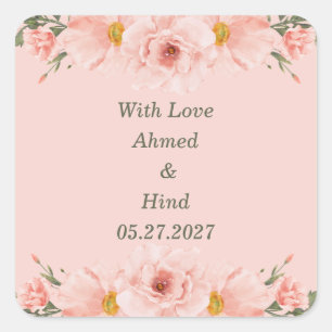Elegante Rosé Pink Pfirsich Blumen Hochzeitsgunst Quadratischer Aufkleber