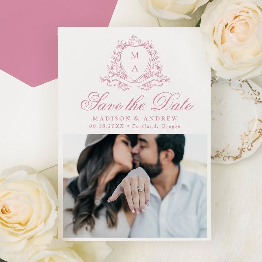 Elegante Rose Quartz Floral Wappen Foto Hochzeit Save The Date