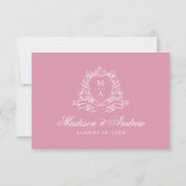 Elegante Rose Quartz Floral Wappen Monogram Weddin RSVP Karte (Rückseite)