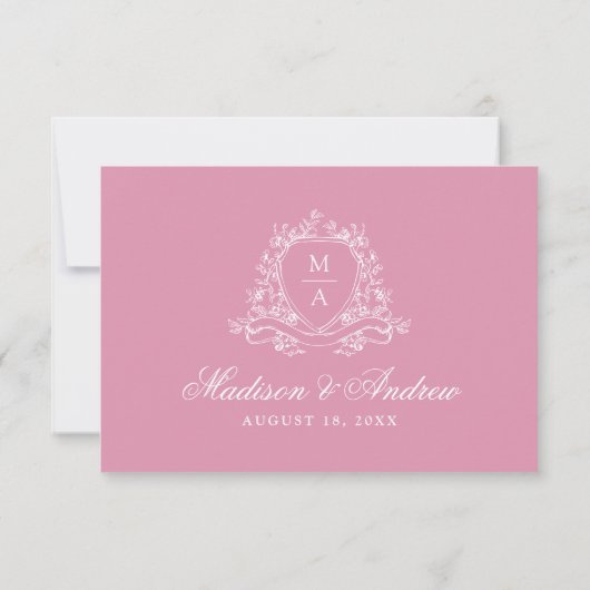 Elegante Rose Quartz Floral Wappen Monogram Weddin RSVP Karte (Rückseite)