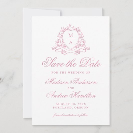 Elegante Rose Quartz Floral Wappen Monogram Weddin Save The Date (Vorderseite)