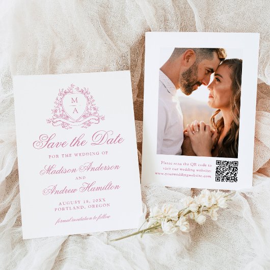 Elegante Rose Quartz Wappen Monogram Foto Hochzeit Save The Date