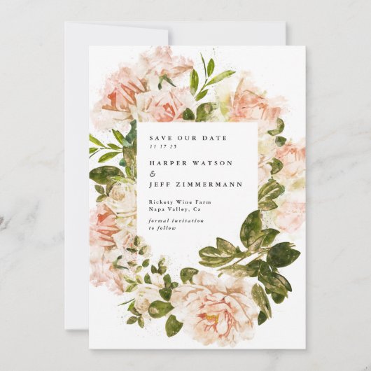 Elegante Rose Romance Wasserfarben Hochzeitsfeier Save The Date (Vorderseite)