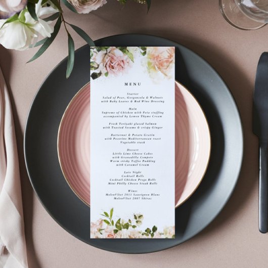 Elegante Rose Romance Wedding Menu Menükarte