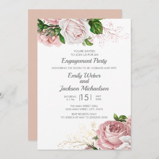 Elegante Rose Rosa Bläserweiße Engagement Partei Einladung (Vorne/Hinten)