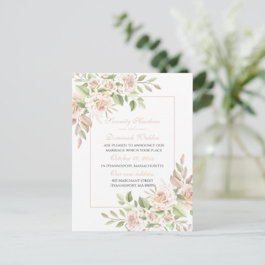 Elegante Rose Rosa Blütenblüte nur verheiratet Hoc Ankündigungspostkarte (Stehend Vorderseite)