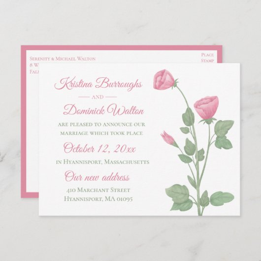 Elegante Rose Rosa Blütenblüte nur verheiratet Hoc Ankündigungspostkarte (Vorne/Hinten)