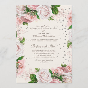 Elegante Rose Rosa Blütensilber Glitzer Hochzeit Einladung