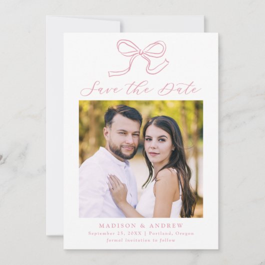 Elegante Rose Rosa Bow Foto Hochzeit Save The Date (Vorderseite)