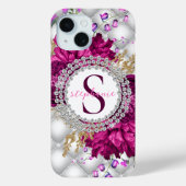 Elegante Rose Rosa Burgundy Diamonds Monogram Case-Mate iPhone Hülle (Rückseite)