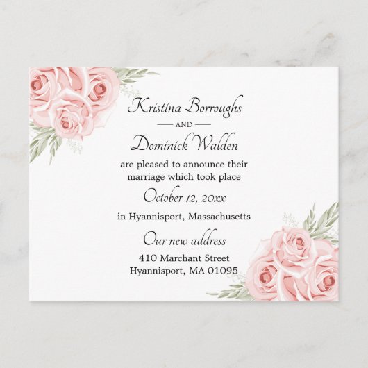 Elegante Rose Rosa florale Just Married Wedding An Ankündigungspostkarte (Vorderseite)