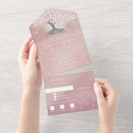 Elegante Rose Rosa Heart Leaf Tree Wedding All In One Einladung