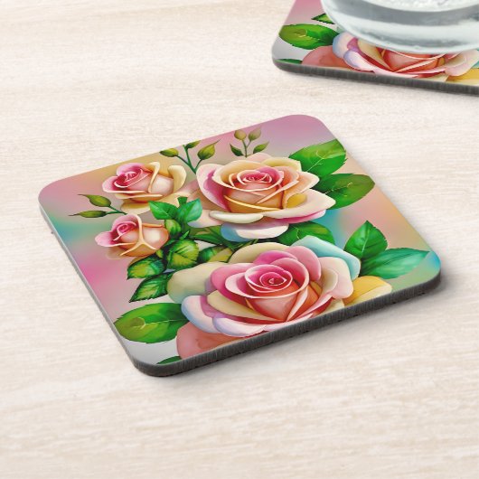 Elegante Rose Rosa und Gelbe Wasserfarbenpastel Getränkeuntersetzer (Linke Seite)