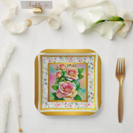 Elegante Rose Rosa und Gelbe Wasserfarbenpastel Pappteller