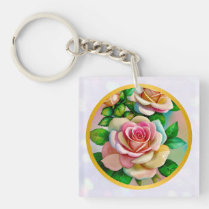 Elegante Rose Rosa und Gelbe Wasserfarbenpastel Schlüsselanhänger