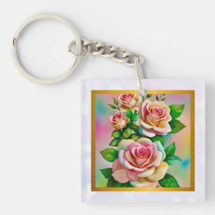 Elegante Rose Rosa und Gelbe Wasserfarbenpastel Schlüsselanhänger